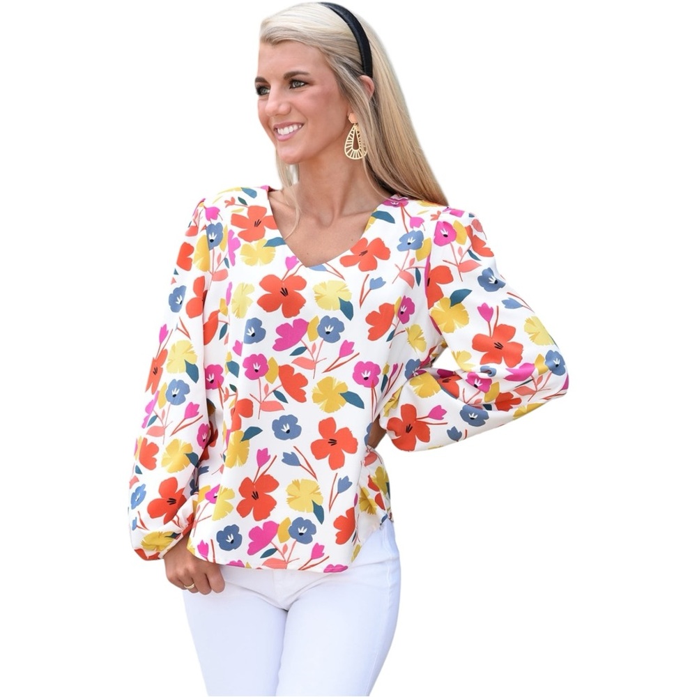 Michelle McDowell Floral V Neck Blouse Small Pink Orange Long Sleeve